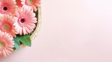 Pink gerbera flowers in basket on pastel pink background.の素材