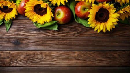 Bouquet of sunflowers and apples on a wooden backgroundの素材