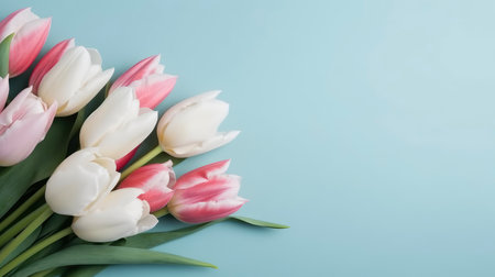Bouquet of pink and white tulips on a blue backgroundの素材
