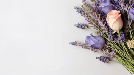 Bouquet of lavender flowers on white background with copy spaceの素材
