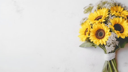 Bouquet of sunflowers on a white background with copy spaceの素材