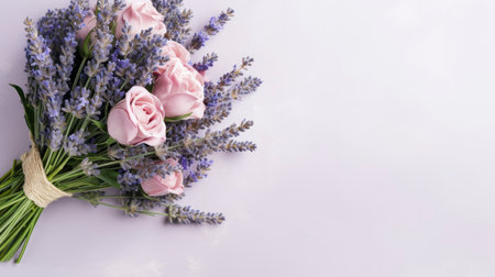 Bouquet of lavender and rose flowers on a white backgroundの素材