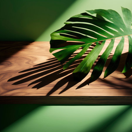 Tropical palm leaf on wooden shelf with green wall and sunlight.の素材