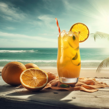 Cocktail with ice and lemon on the beach. toned.の素材