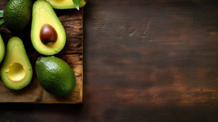 Avocado on wooden cutting board. Top view with copy space.の素材