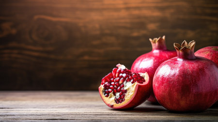 Ripe pomegranate fruit on a wooden background. copyspace.の素材