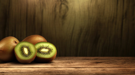 Kiwi fruit on wooden table with bokeh background.の素材