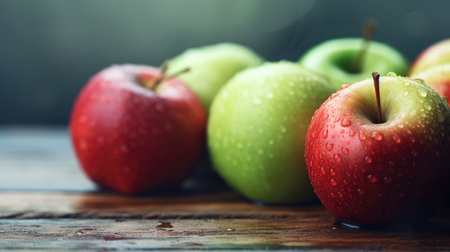 Red and green apples on a wooden table. Shallow depth of field.の素材