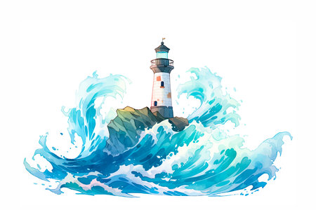 Watercolor lighthouse on the wave. Hand drawn illustration isolated on white background.のイラスト素材