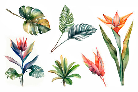 Watercolor set of tropical leaves and flowers. hand painted illustration.の写真素材