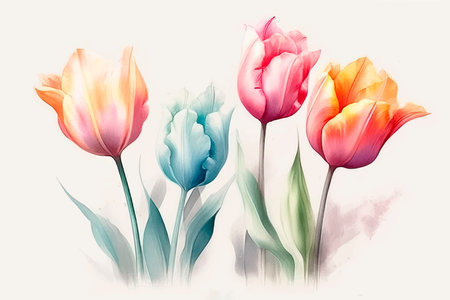 Tulips in watercolor style on white background. hand drawn illustration.の写真素材