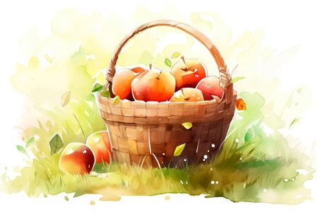 Basket with apples on the grass. watercolor painting. vector illustration.の写真素材