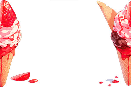 Illustration of an ice cream cone with strawberries on a white backgroundのイラスト素材