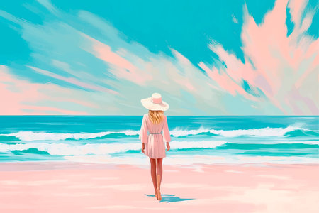 Young woman on the beach at sunset. Girl in pink dress and white hat.の素材