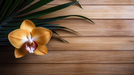 Orchid flower and palm leaf on wooden background with copy space.の素材