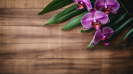 Orchid flowers on wooden background. Top view with copy space.の素材