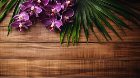 Orchids and palm leaves on wooden background. top view with copy spaceの素材