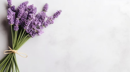 Bouquet of lavender flowers on white marble background. top view, copy spaceの素材