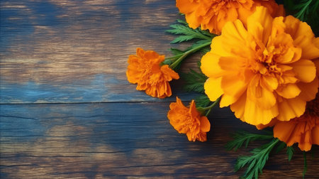 Marigold flowers on wooden background. top view with copy spaceの素材