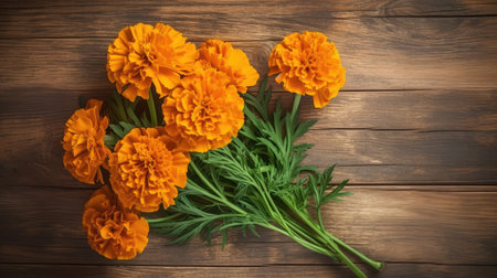 bouquet of marigold flowers on a wooden background.の素材