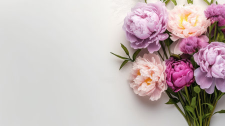 Bouquet of peonies on a white background. Place for text.の素材