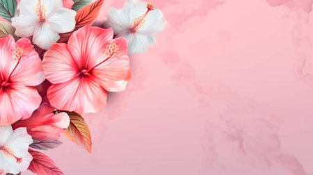 Pink and white hibiscus flower background with copy space.のイラスト素材