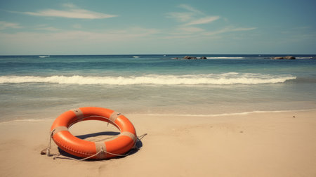 Orange lifebuoy on the beach with blue sea and sky backgroundの素材