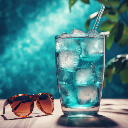 Glass of cold blue cocktail with ice cubes and sunglasses on wooden tableの素材