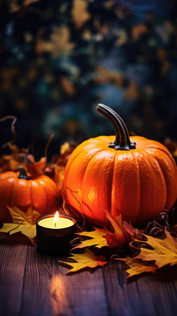 Halloween pumpkins, candles and leaves on a dark wooden backgroundの素材