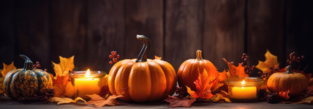 Autumn still life with pumpkins, candles and leaves on wooden backgroundの素材