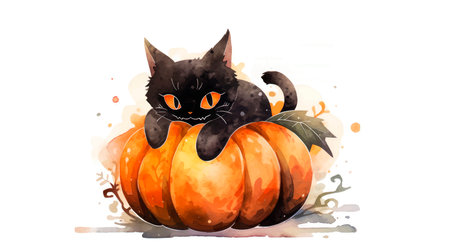 Cute black cat sitting on a pumpkin. watercolor illustration.のイラスト素材