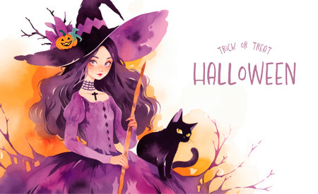 Halloween card with witch and black cat. Vector watercolor illustration.のイラスト素材