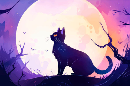 Halloween background with black cat and full moon. vector illustration.のイラスト素材