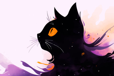 Black cat with yellow eyes, watercolor background. vector illustration.