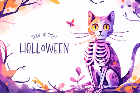 Happy Halloween card with cute cat. Hand drawn watercolor illustration.のイラスト素材
