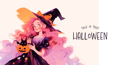 Halloween banner with beautiful witch. Vector illustration in cartoon style.のイラスト素材