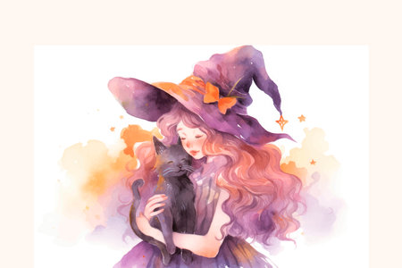 Beautiful girl in a witch's hat. watercolor illustration.のイラスト素材