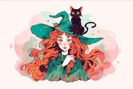 Beautiful girl in witch costume with black cat. vector illustration.のイラスト素材