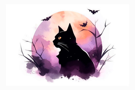 Halloween background with a black cat and bats. vector illustration.のイラスト素材
