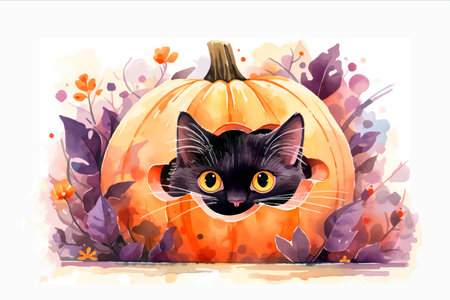 Halloween pumpkin with black cat. watercolor painting. vector illustration.のイラスト素材