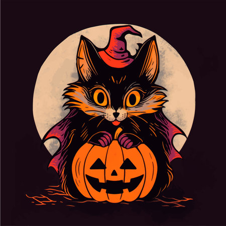 Halloween vector illustration. Cute cat in witch costume with pumpkin.のイラスト素材
