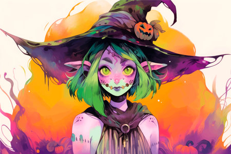 Illustration of a pretty witch in a hat with a pumpkin.の写真素材
