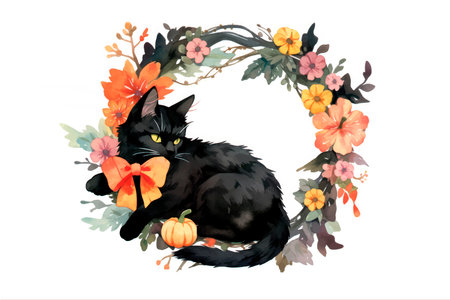 Cute black cat in a wreath of flowers. vector illustration.のイラスト素材