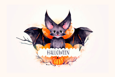 Halloween greeting card with cute bat. Vector watercolor illustration.のイラスト素材