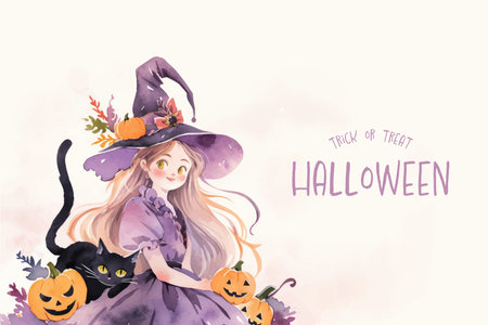 Halloween greeting card with cute girl in witch costume. vector illustration.の写真素材