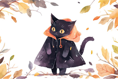 Hand drawn vector illustration of a black cat in a raincoat, scarf and autumn leaves.の写真素材
