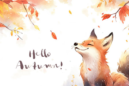 hello autumn. Watercolor hand drawn illustration of a cute fox.の写真素材