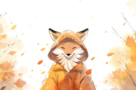 Watercolor illustration of a cute fox in the autumn forest on a white backgroundの写真素材