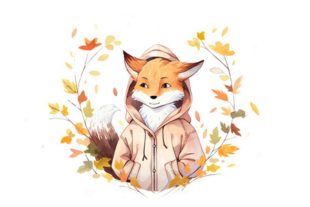 Cute fox with autumn leaves on white background. vector illustration.の写真素材