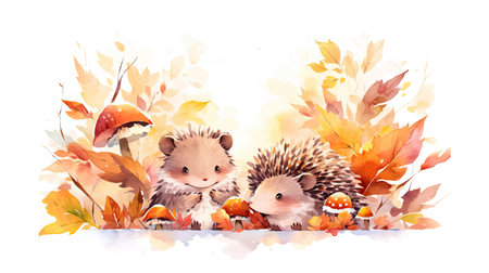 Cute hedgehog family in autumn leaves. watercolor illustration.の写真素材